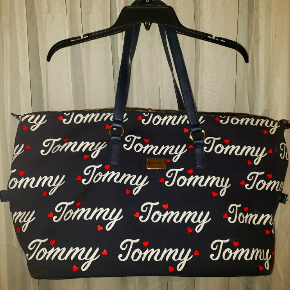 Tommy Hilfiger, Heart Canvas Tote Shopper Bag, Shoulder Bag Logo Blue Red Hearts